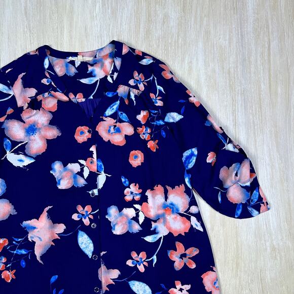 41 Hawthorn Button Front Roll Tab Sleeve Blue Pink Floral Shirtdress Large - Picture 2 of 16